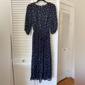 NWT Mango Navy Blue Textured 3/4 Sheer Sleeve Floral Maxi Dress with Tie- Size 4